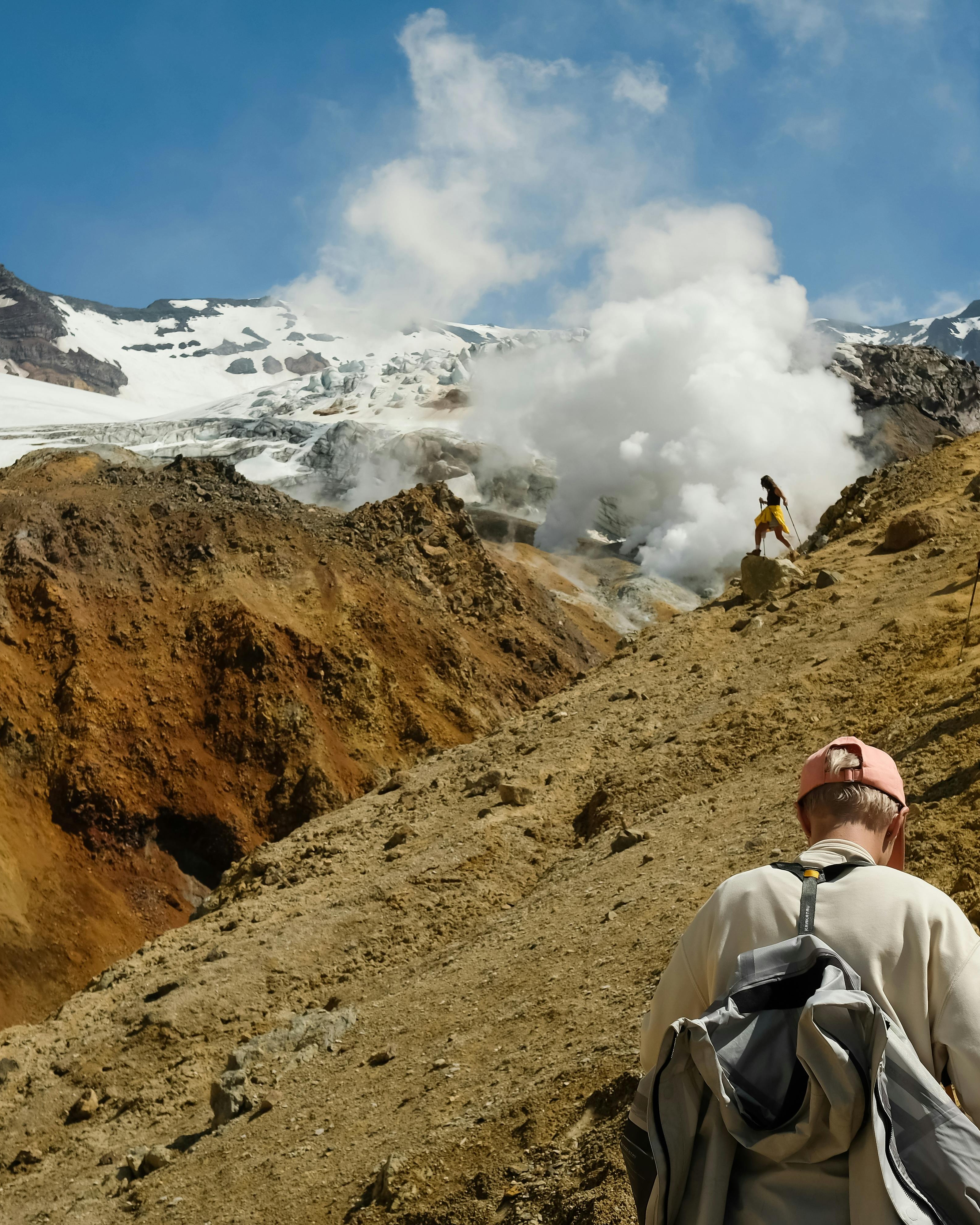 Hikers on Volcanic Geothermal Slope