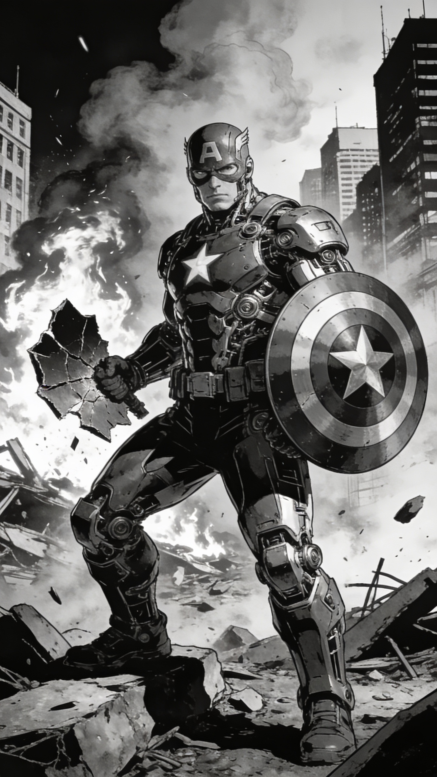 Cyborg Captain America in Ruined City