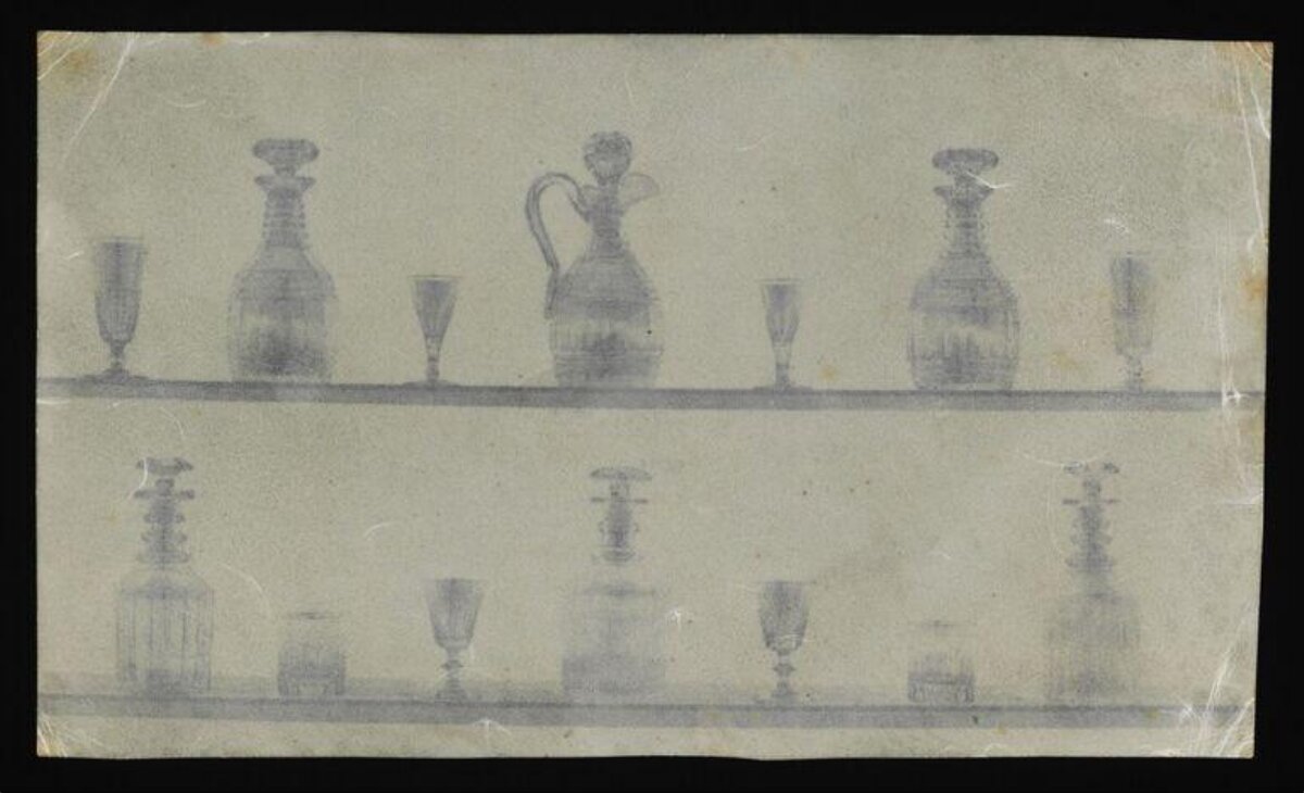 Pencil Sketch of Glassware on Shelves
