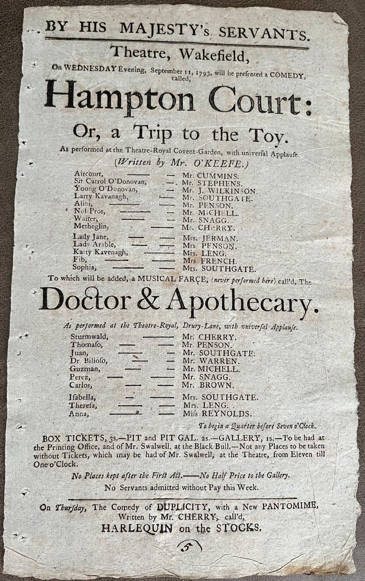 1793 Wakefield Theatre Playbill