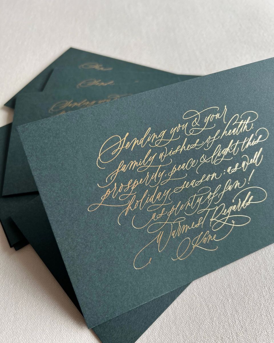 Dark Green Gold Calligraphy Holiday Greeting Card