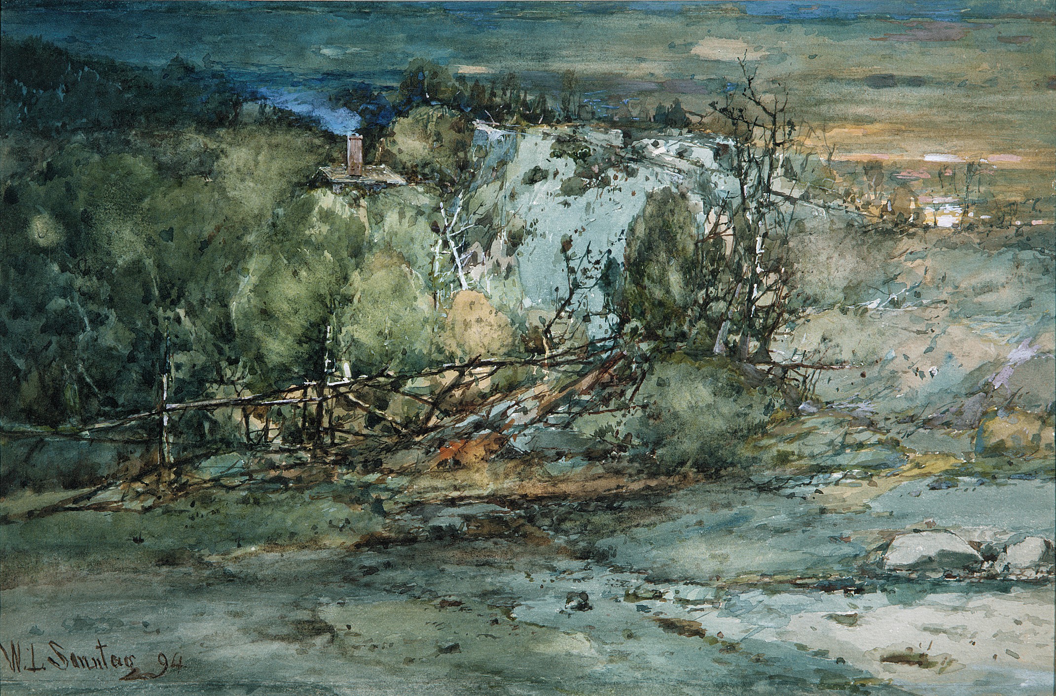 Hillside Cottage Watercolor Landscape