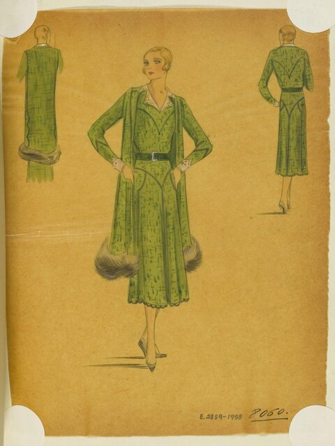 1930s Green Ensemble Fashion Sketch