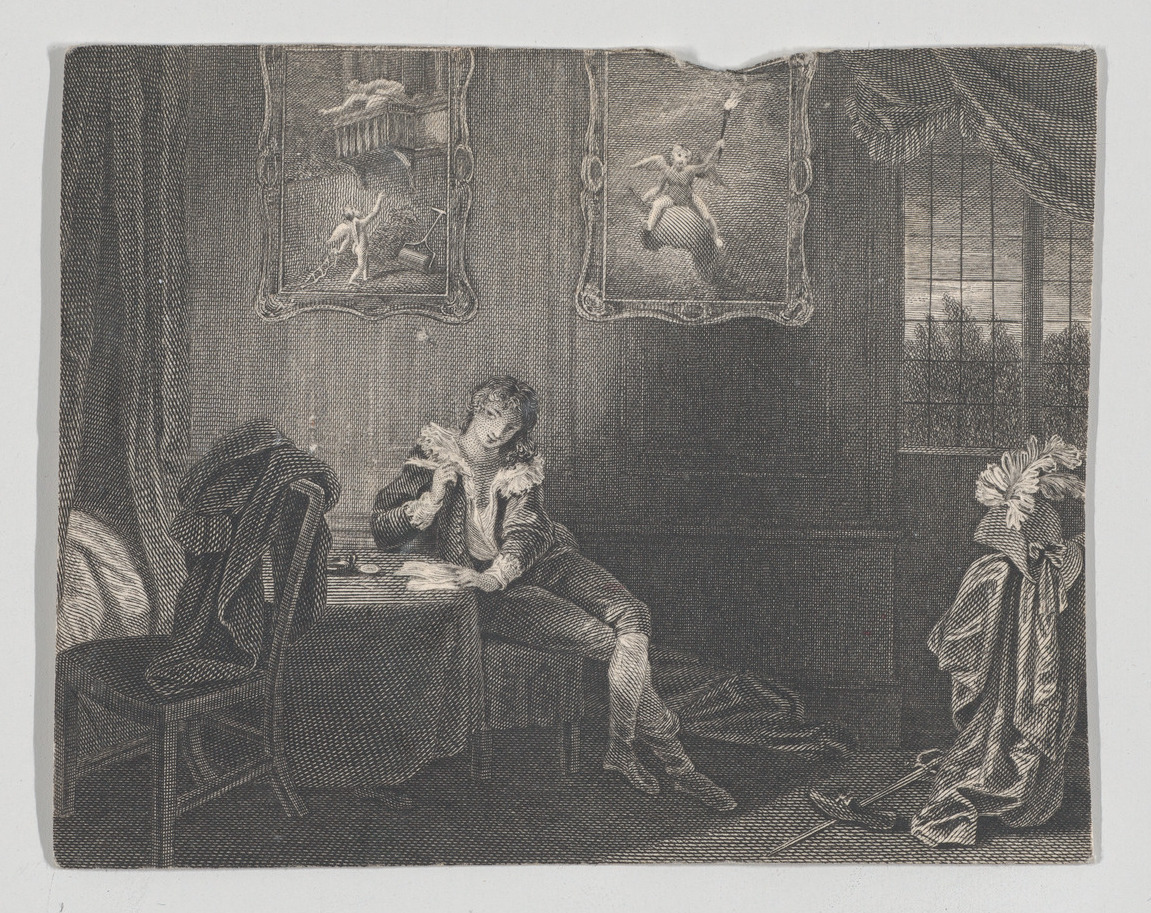 Interior Engraving of Man Writing at Desk