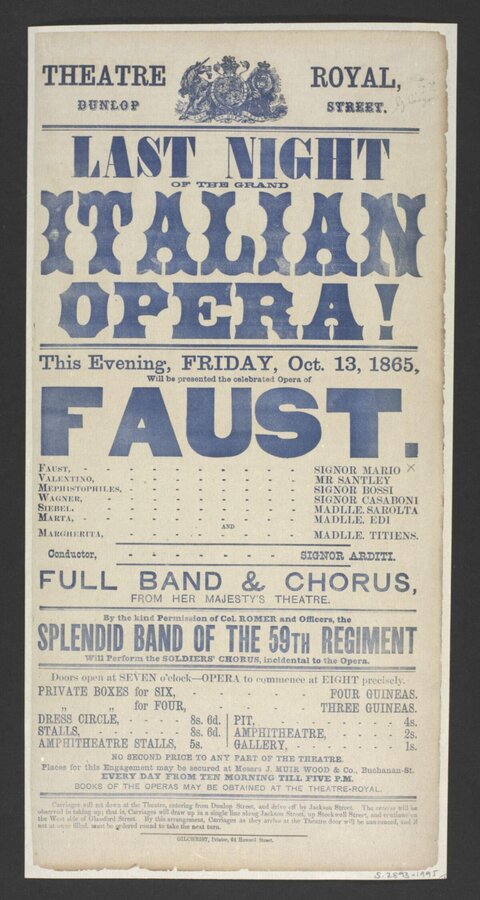 1865 Theatre Royal Opera Faust Poster