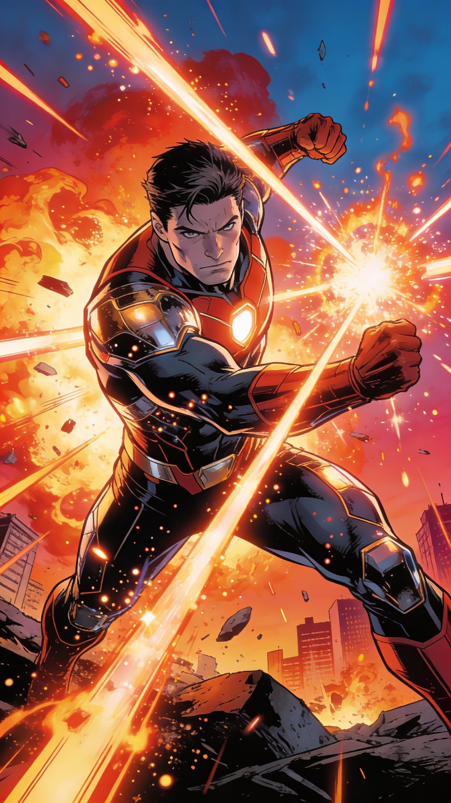 Superhero Amid City Battle Explosion