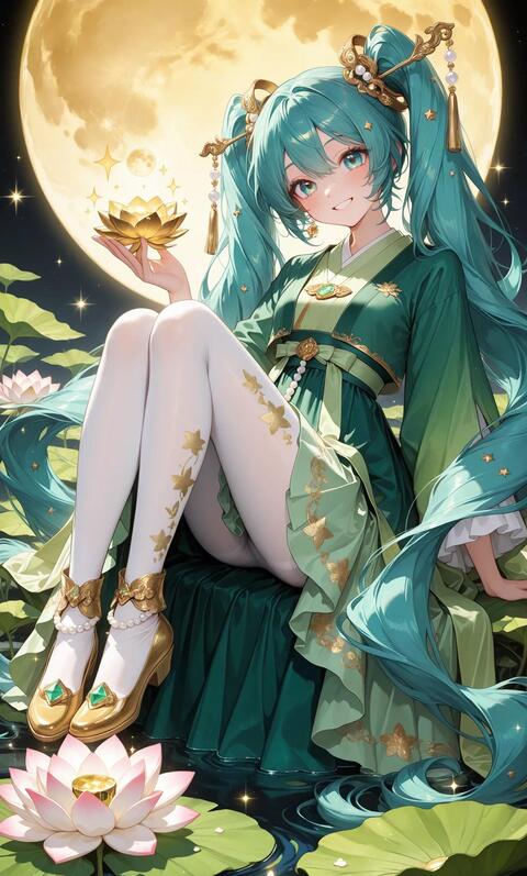 Hatsune Miku by Lotus Pond Under Full Moon