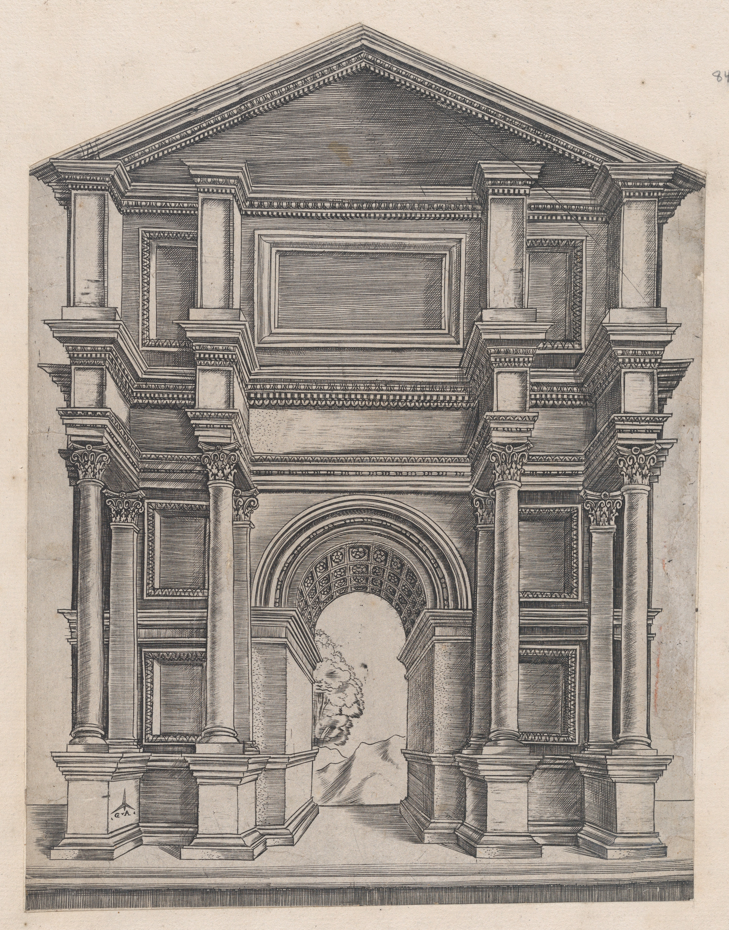 Engraving of Classical Triumphal Arch Facade
