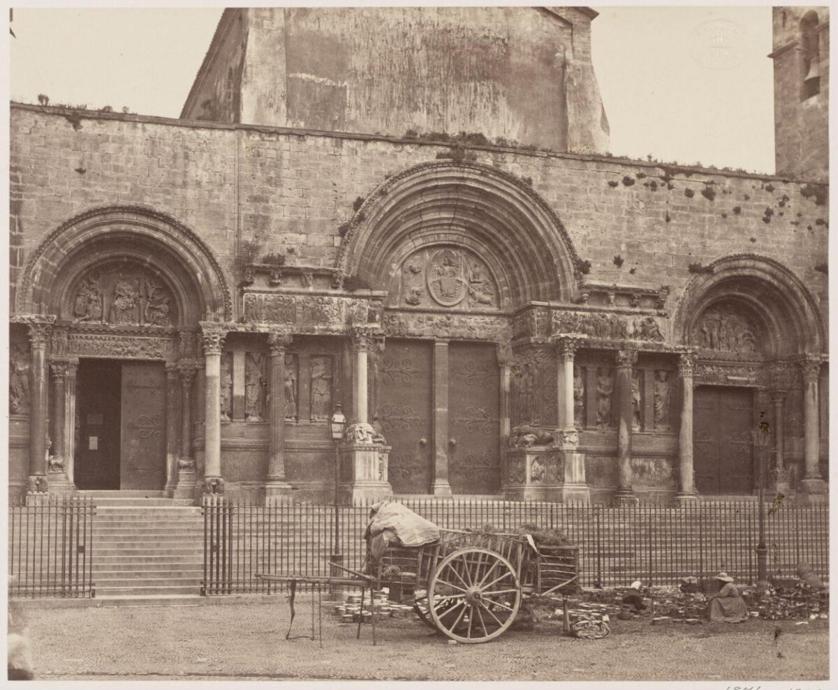 Historic Church Facade with Cart