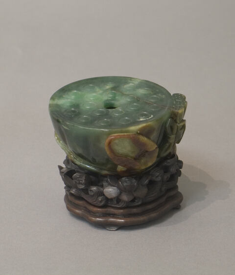 Jade Carved Lotus Pod with Wooden Base