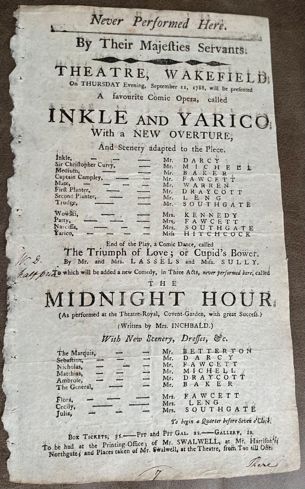1788 Wakefield Theatre Playbill