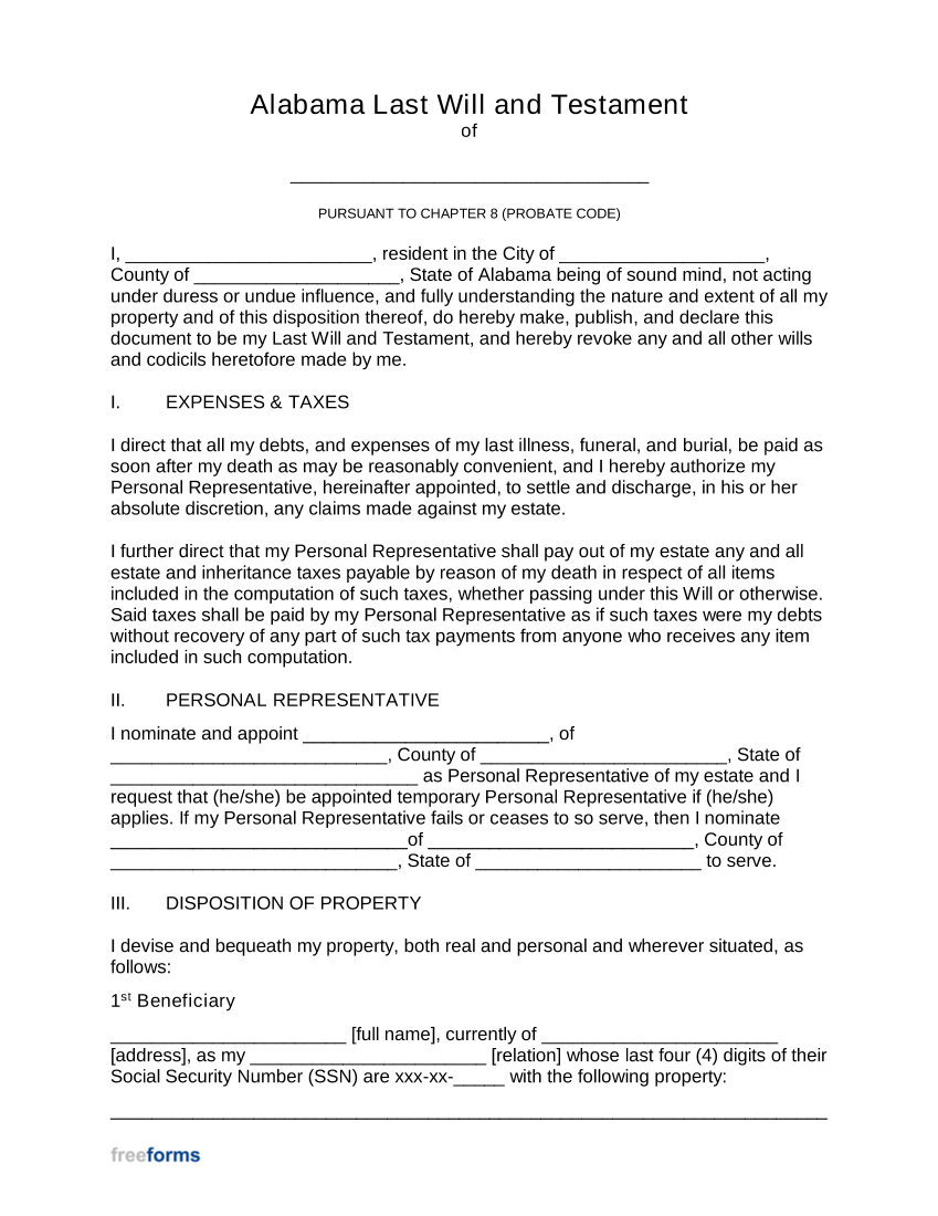 Alabama Last Will and Testament Template