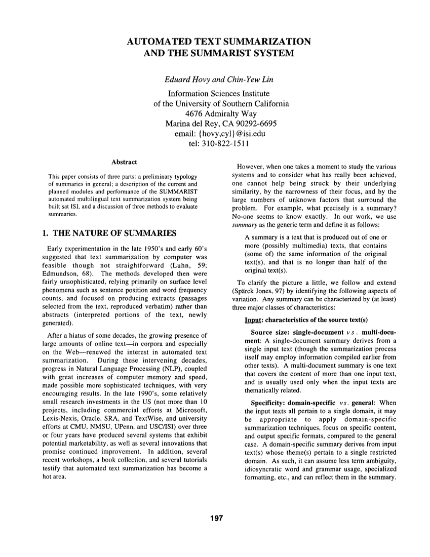 Automated Text Summarization and the Summarist System