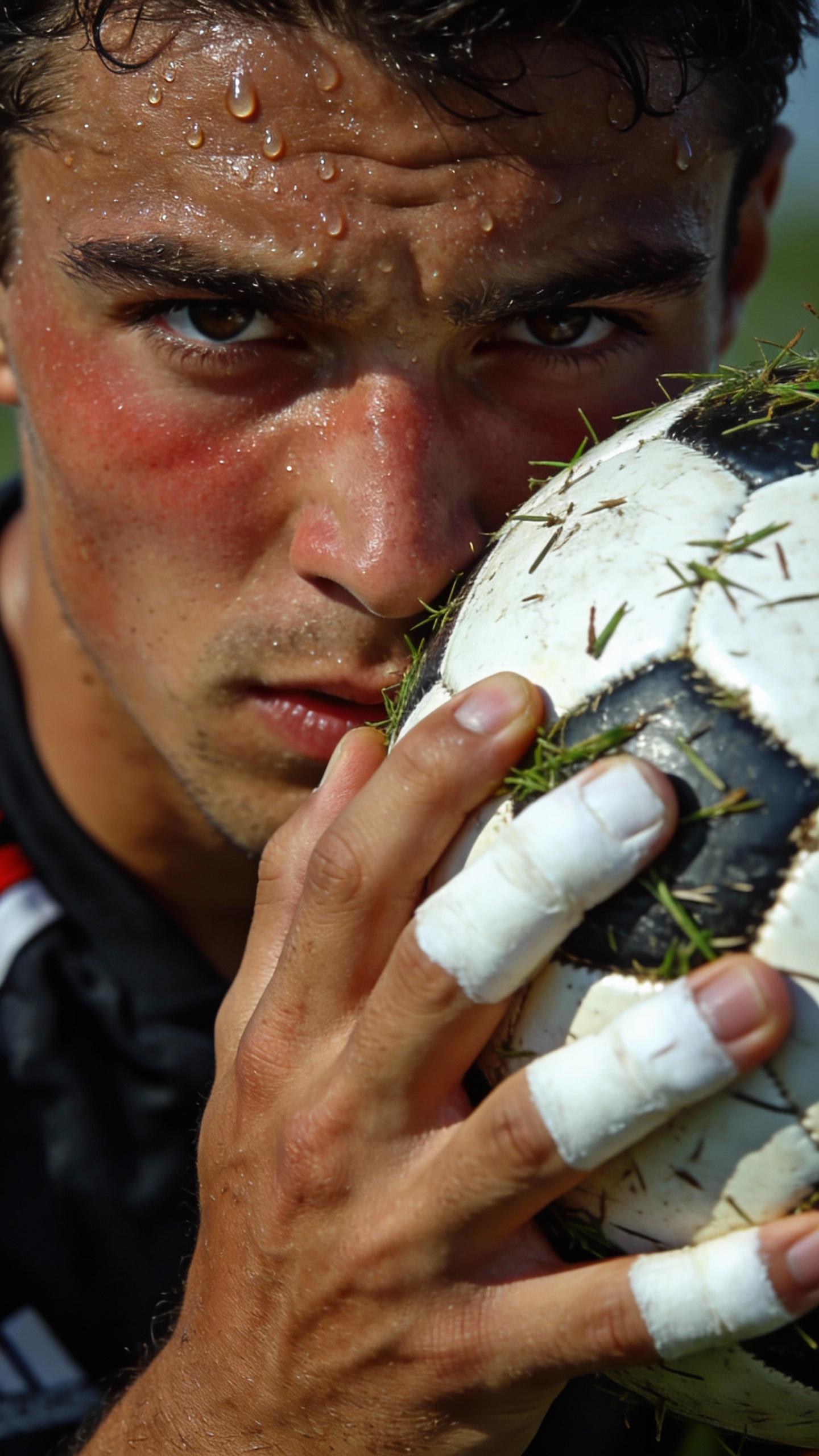 Sweaty Soccer Player Holding Soccer Ball