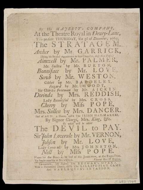 1767 Drury Lane Theatre Playbill