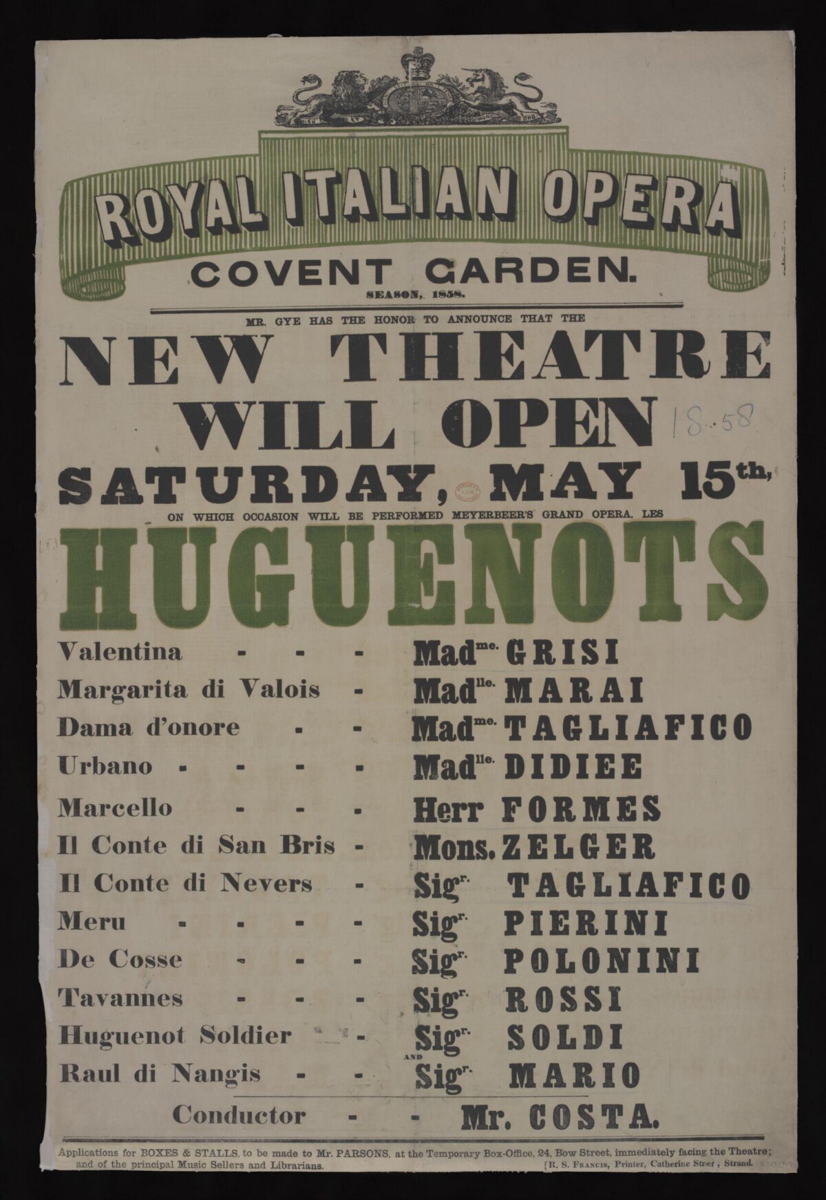 1858 Royal Italian Opera Opening Poster