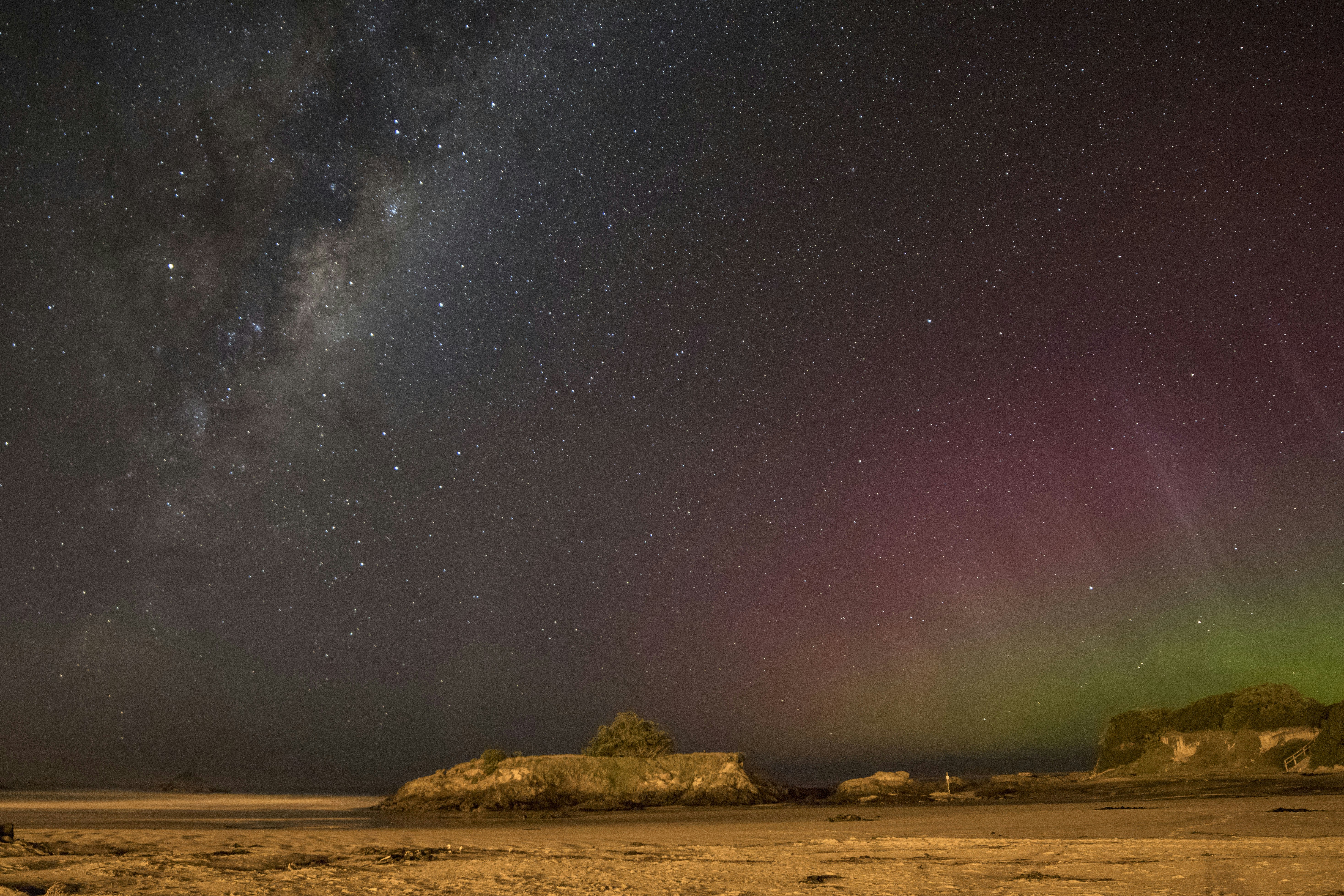 Beach Night Sky With Aurora and Milky Way