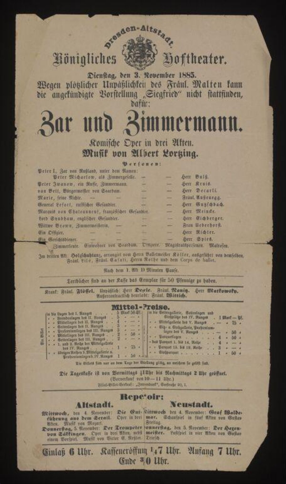 1885 German Royal Theater Playbill