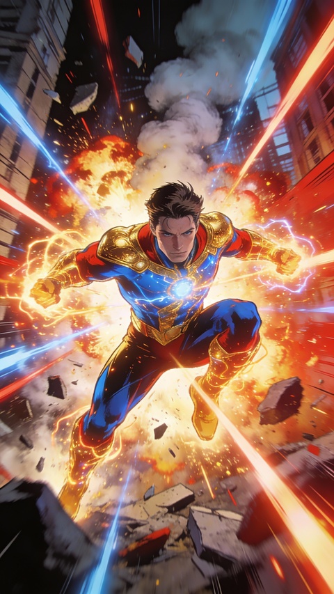 Superhero Charging Through Urban Explosion