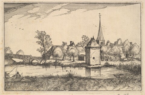 Riverside Village Landscape Etching