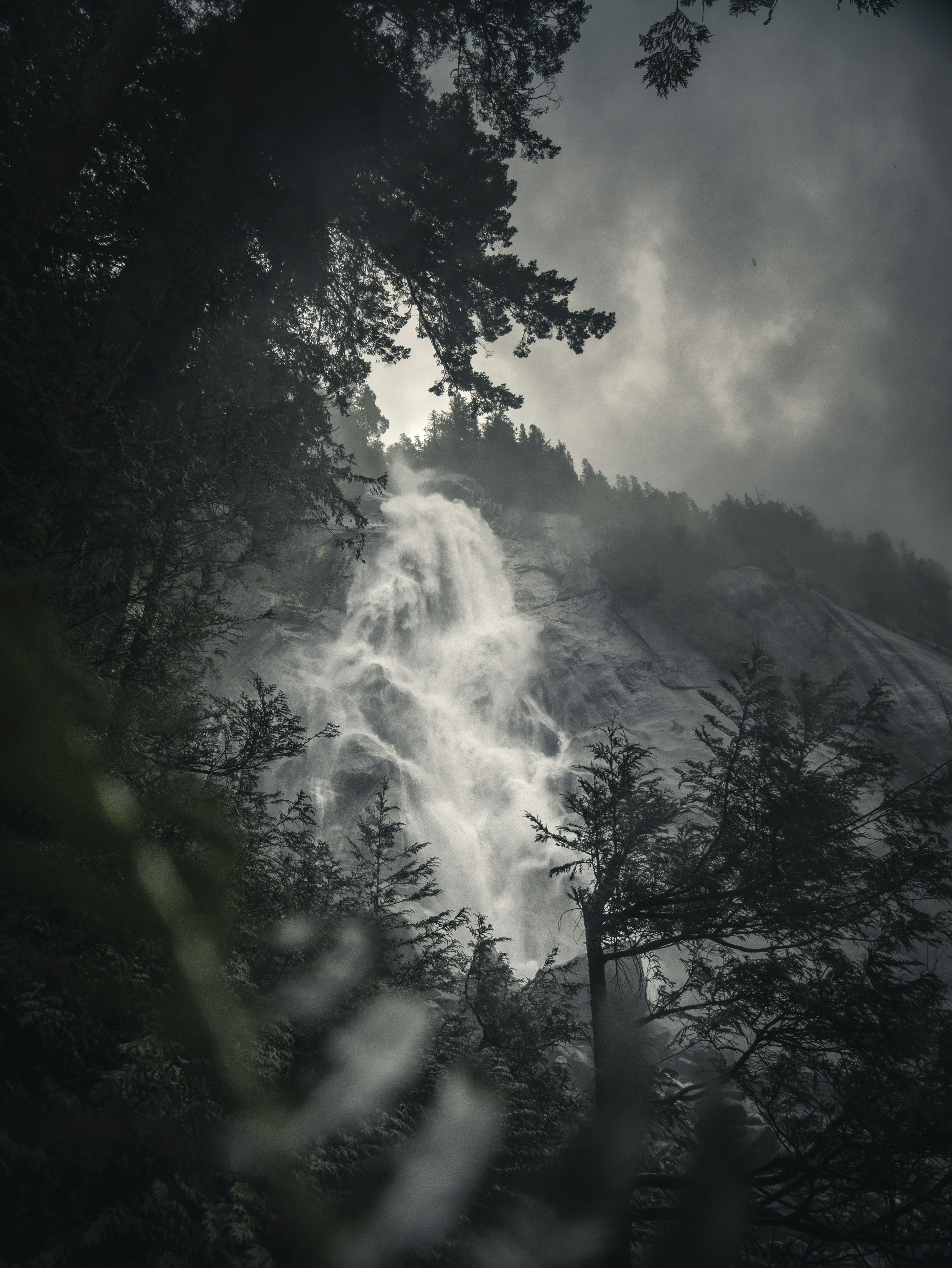 Mountain Waterfall in Misty Forest