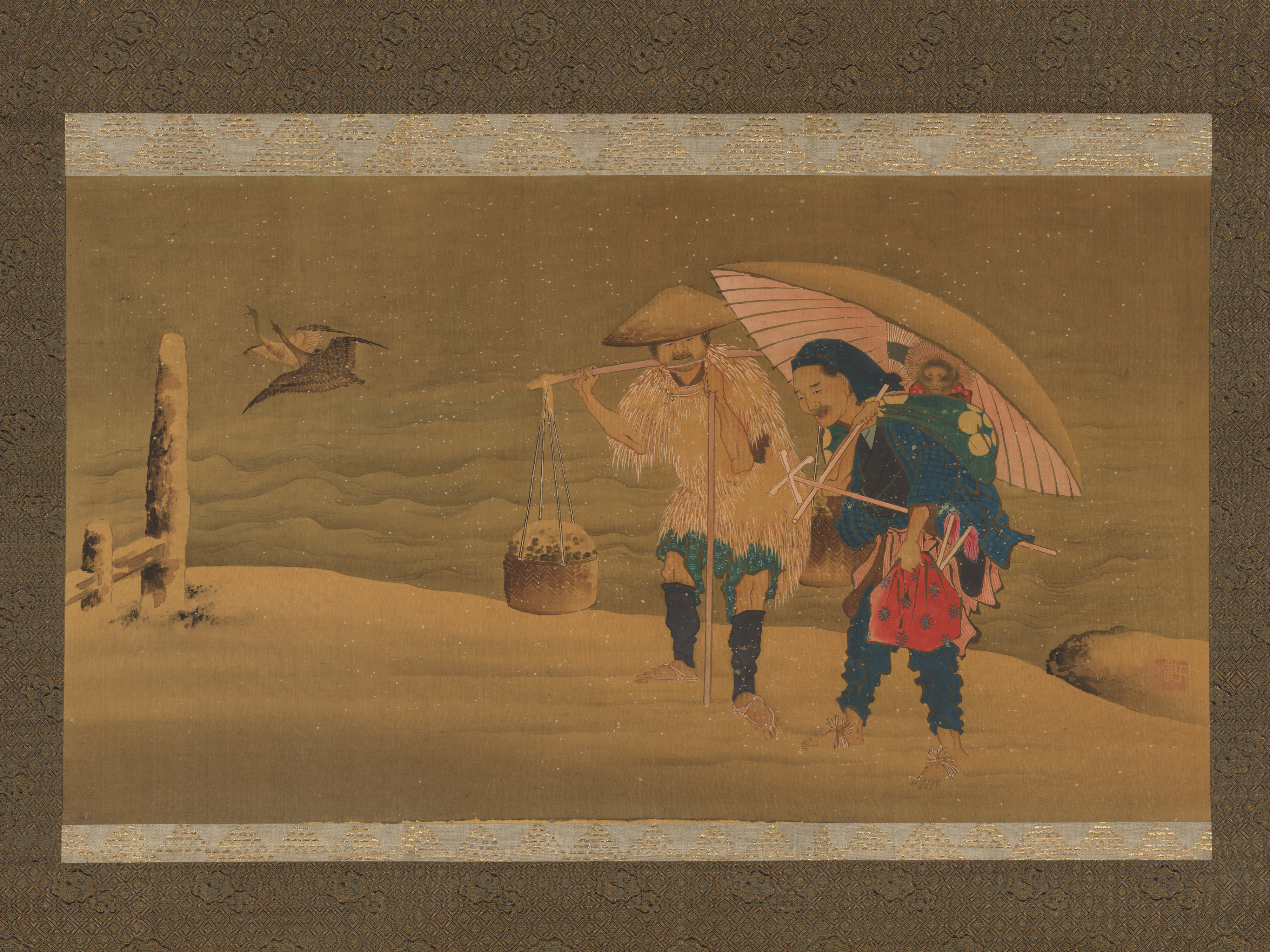 Snow Travelers Japanese Scroll Painting