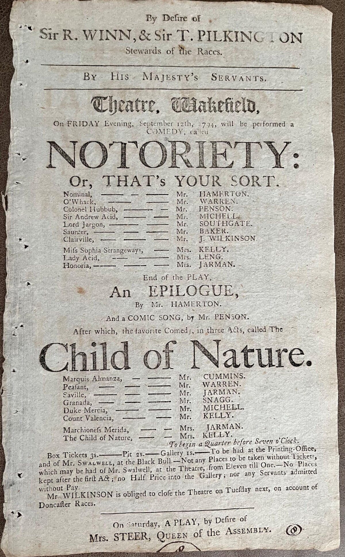 1794 Wakefield Theatre Playbill