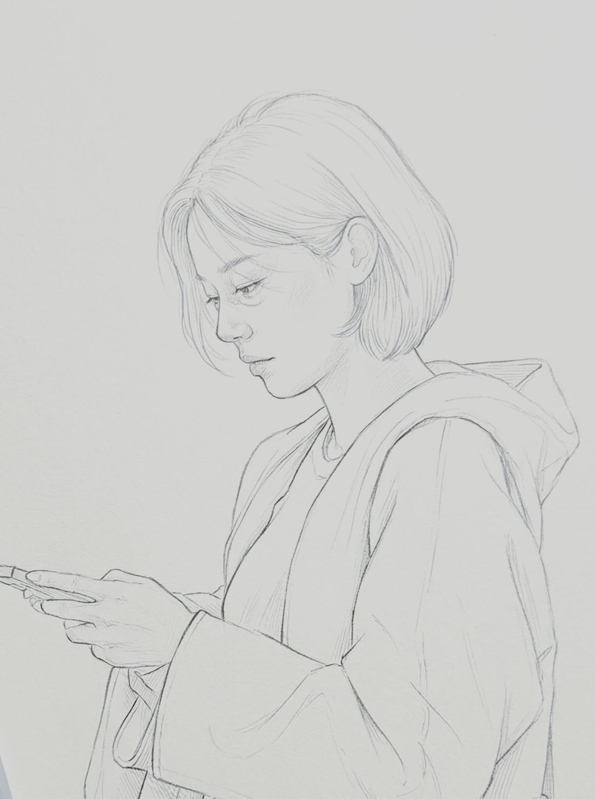 Pencil Sketch of Woman Using Phone