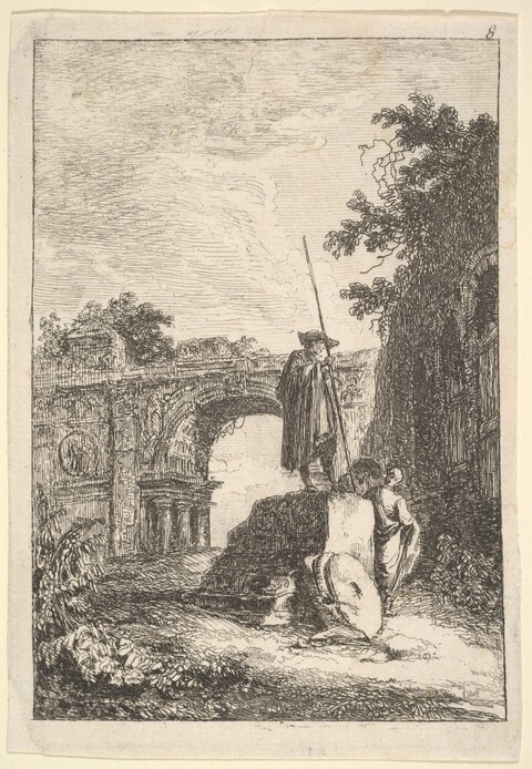 Etching of Travelers at Ancient Ruins