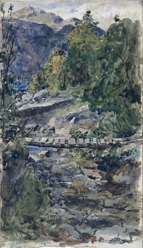 Mountain Stream Footbridge Watercolor
