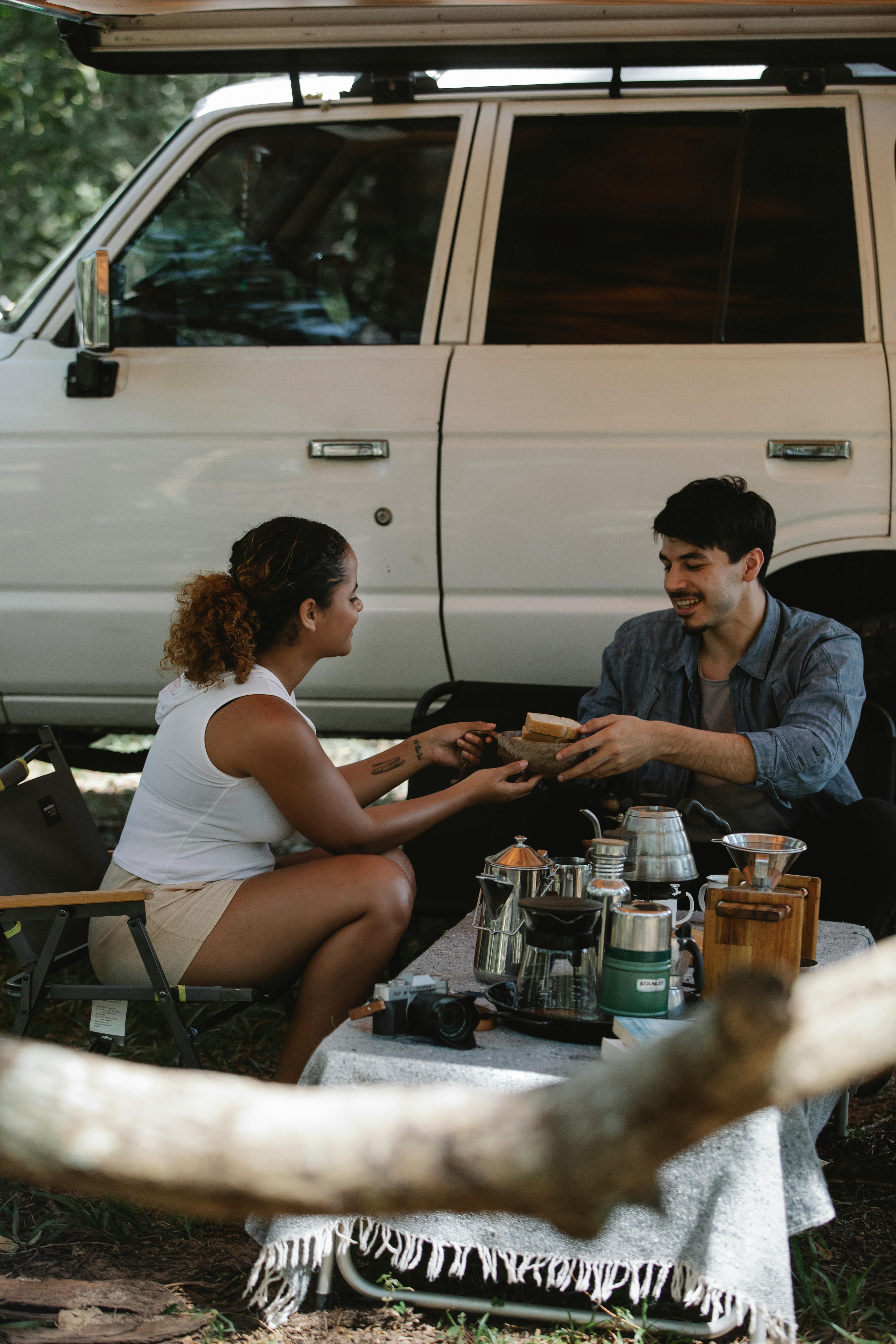 Couple Van Camping Coffee Stop