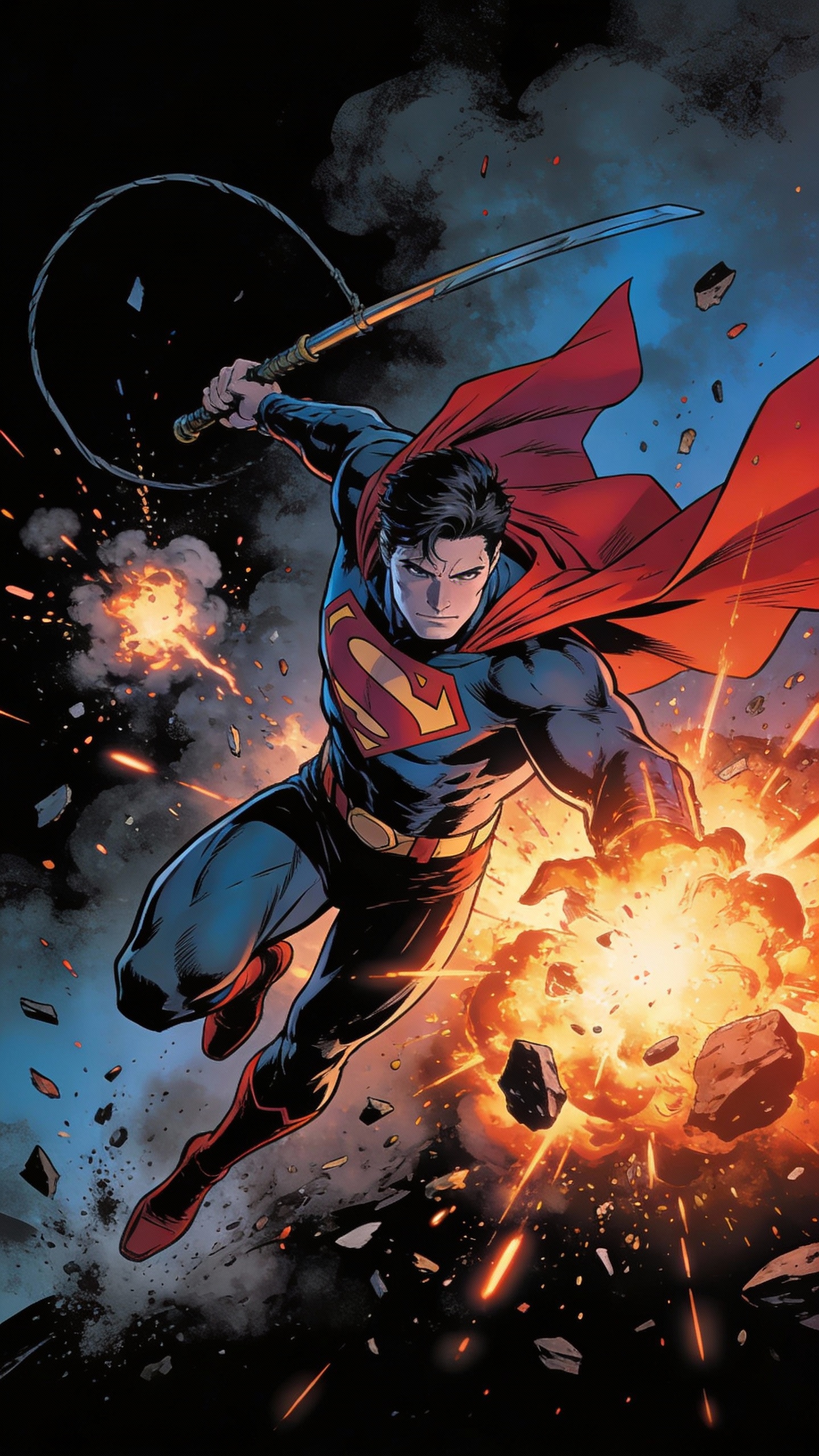 Superman Charging Through Battle Explosions