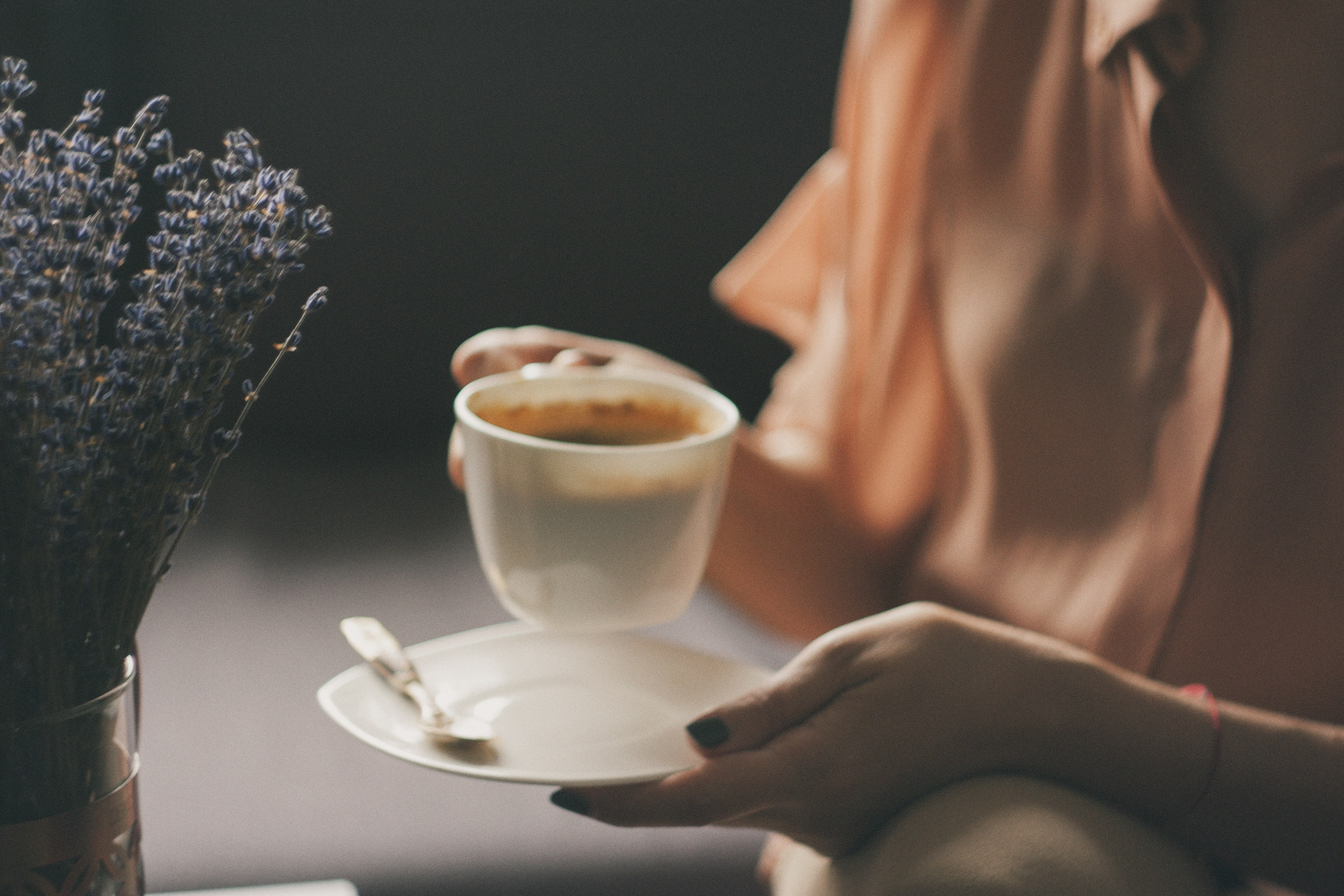 Coffee Time Beside Dried Lavender