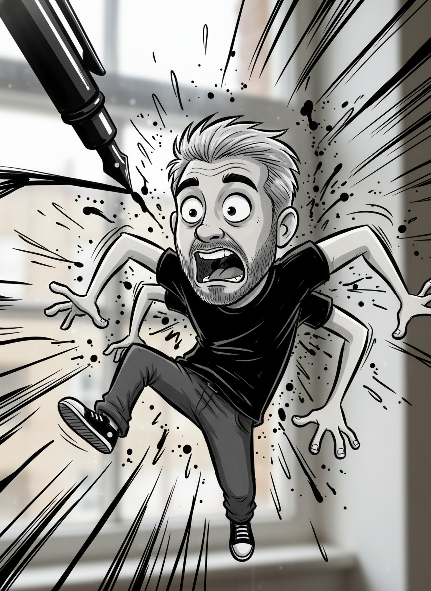 Panicked Cartoon Man Attacked By Giant Fountain Pen