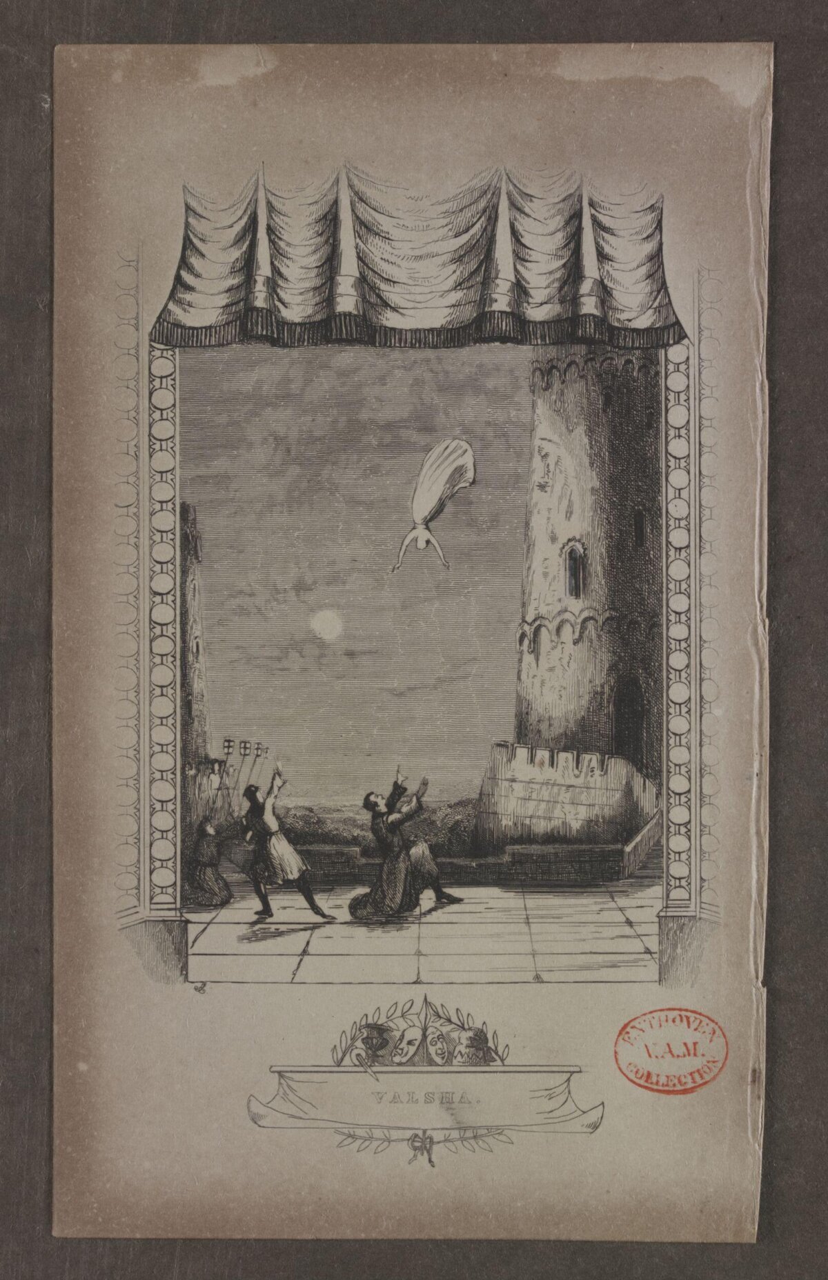Stage Engraving of Woman Falling From Tower