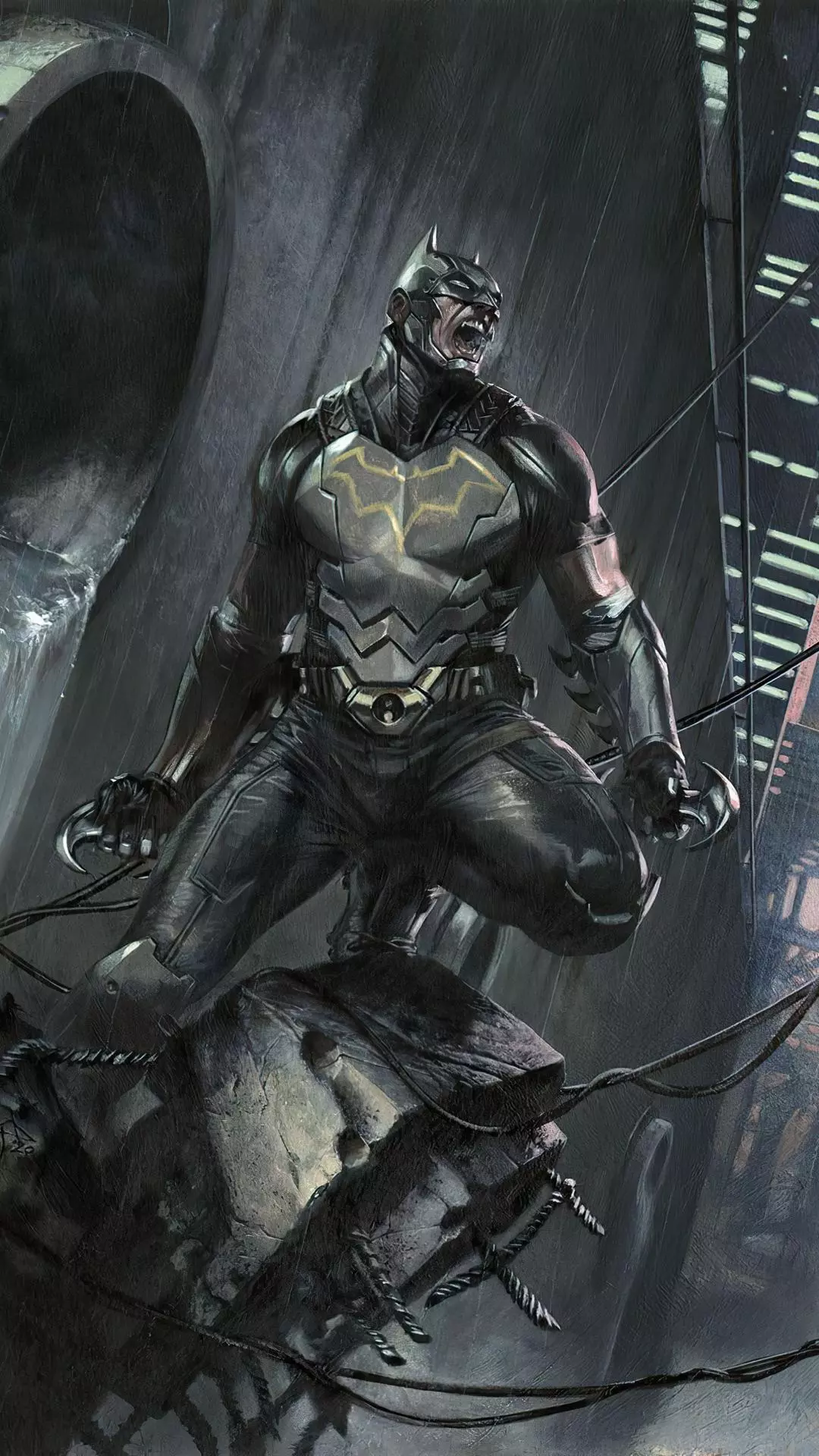 Armored Batman Roaring in Rain