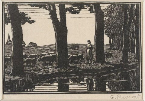 Shepherd and Flock by Riverside Woodcut