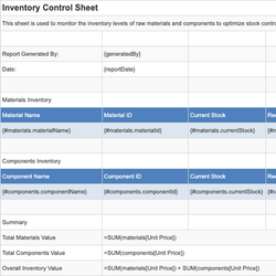 Inventory Control Sheet