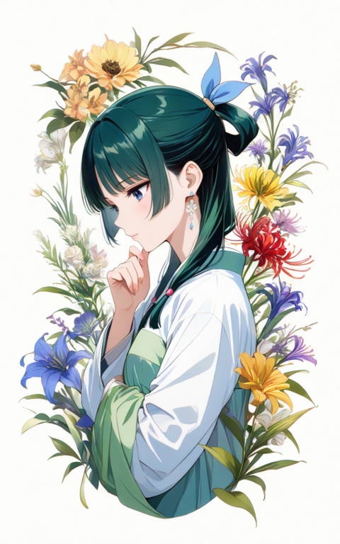 Anime Girl Surrounded by Colorful Flowers