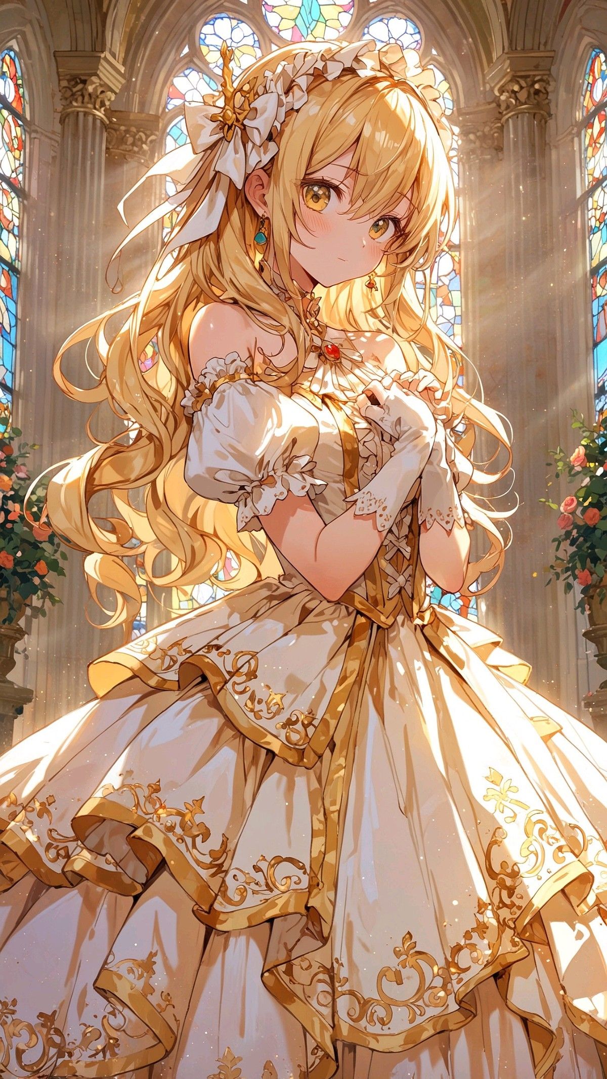 Anime Girl in Golden Ball Gown in Church