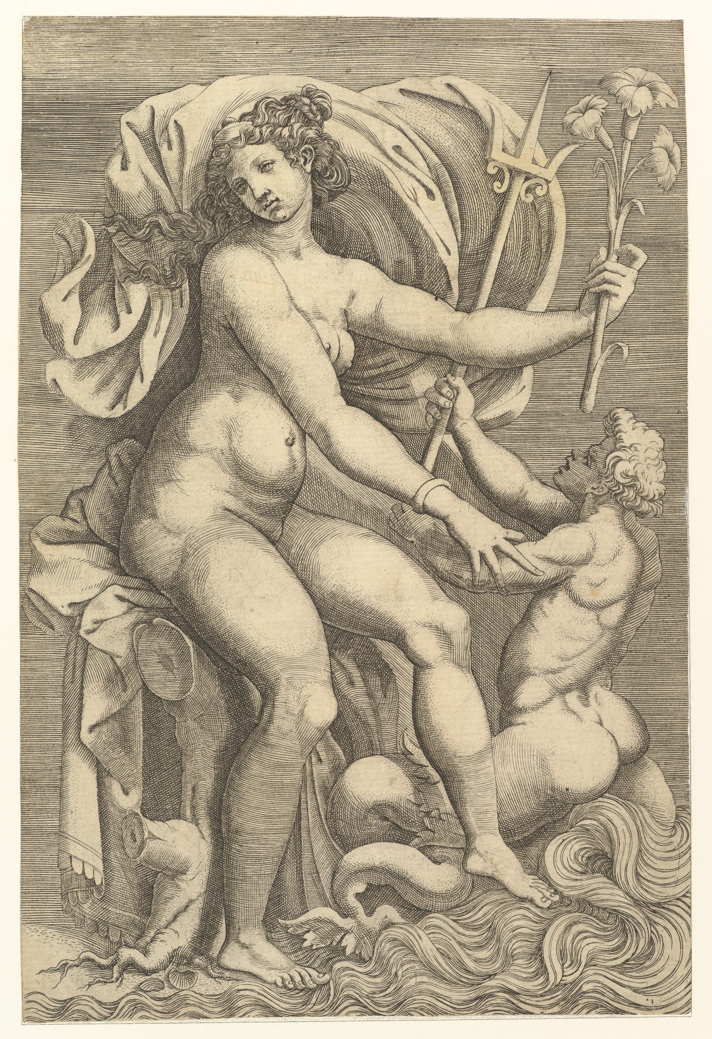 Renaissance Nude Sea Goddess Engraving