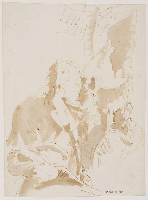 Ink Wash Sketch of Horse and Figures