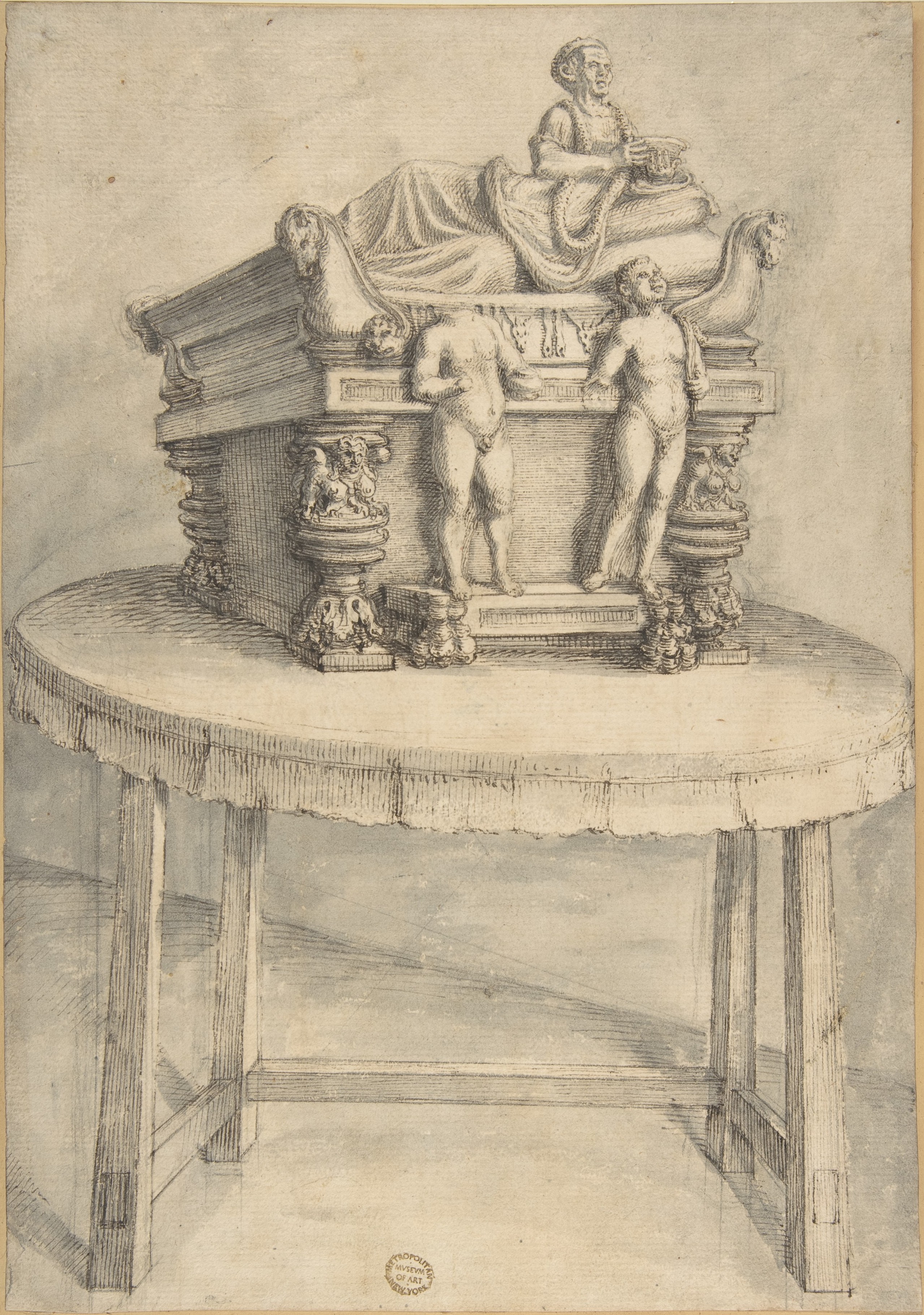Pencil Sketch of Sarcophagus on Table