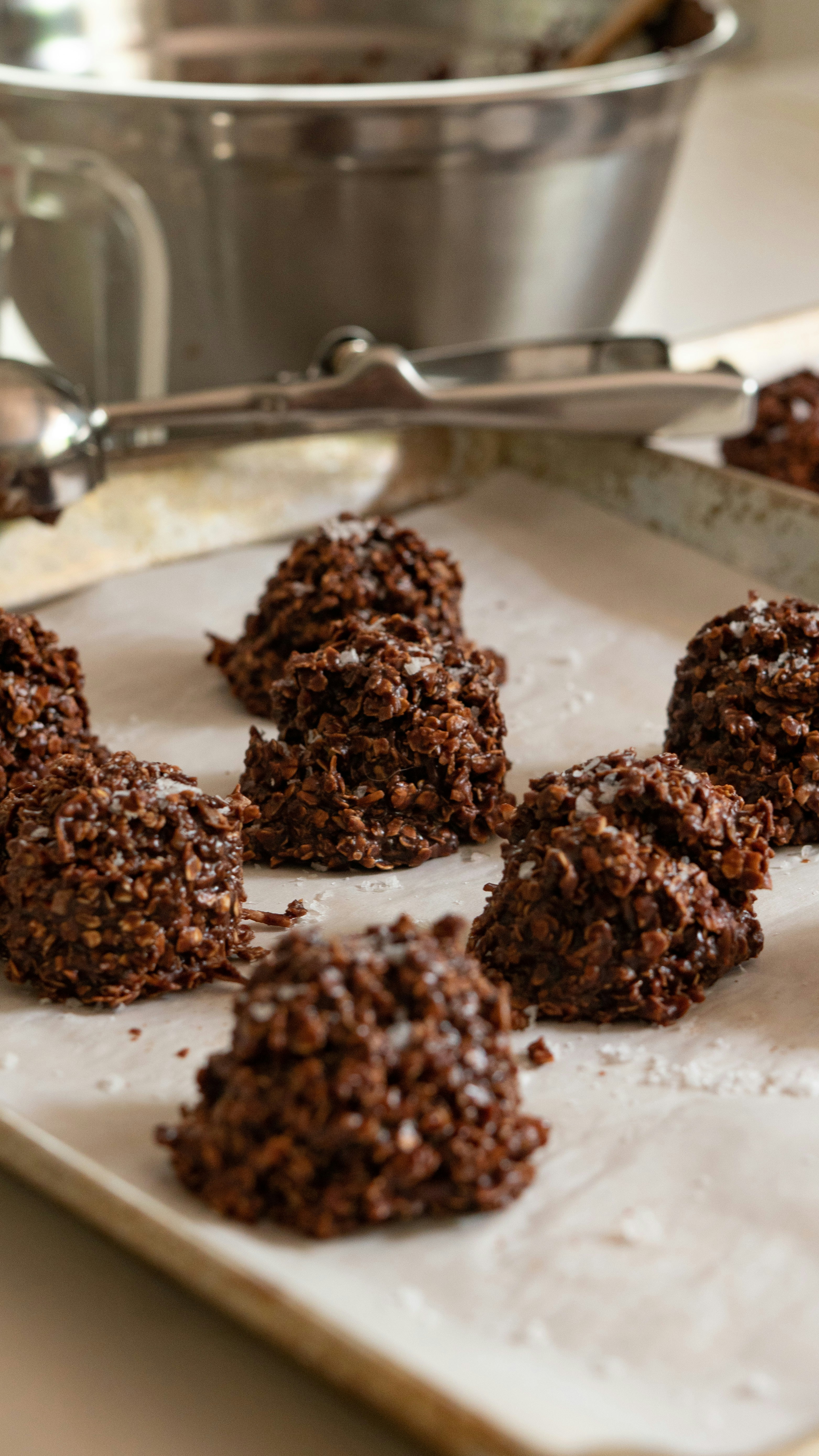 Chocolate Oat Cookies on Baking Sheet