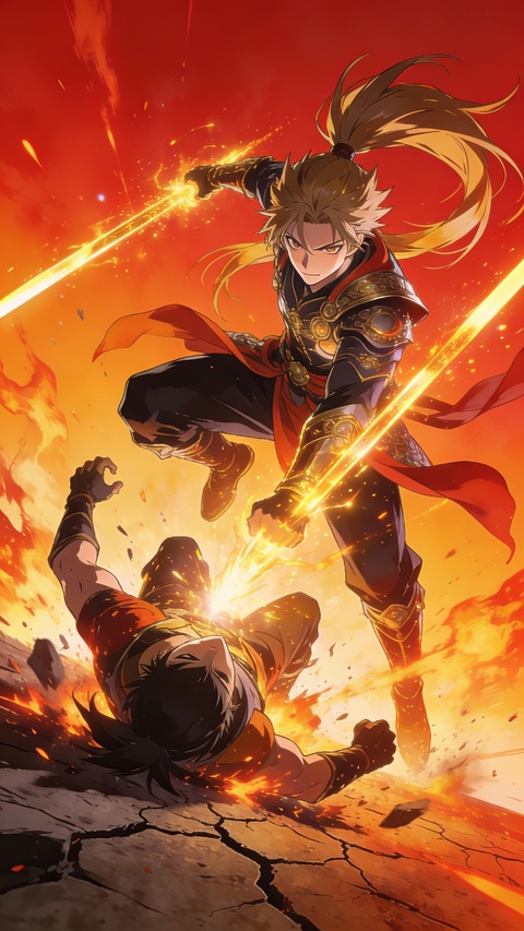 Victorious Anime Warrior on Fiery Battlefield
