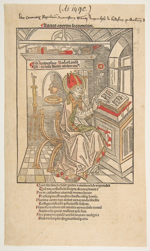 1490 Woodcut of Saint Ambrose in Study