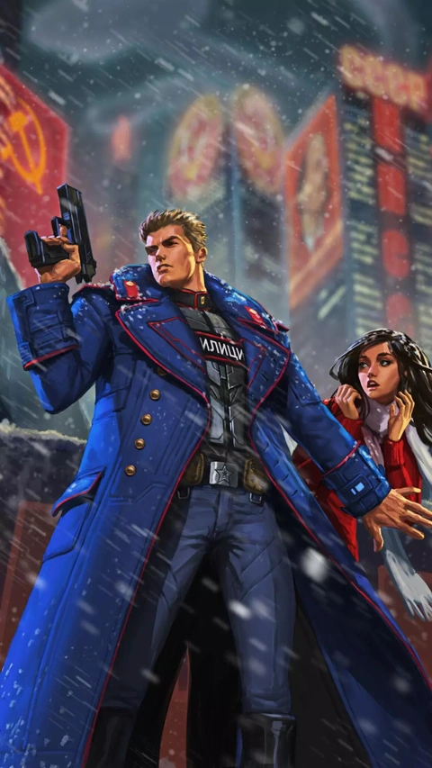 Soviet Policeman Guarding Woman in Snowy City