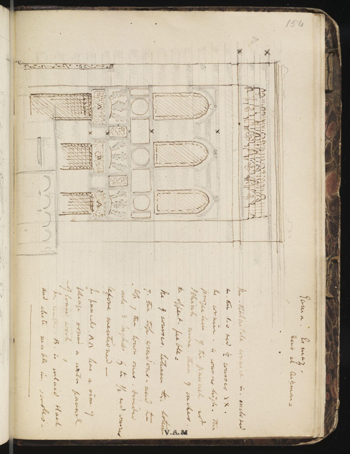 Architectural Sketch on Vintage Notebook Page