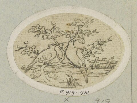 Oval Sketch of Two Birds on Branch