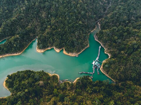 Aerial View of Jungle Reservoir With Floating Dock